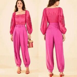 NEW Farm Rio Women’s High Waist Belted Pleated Pink Linen Harem Pants Sz Small